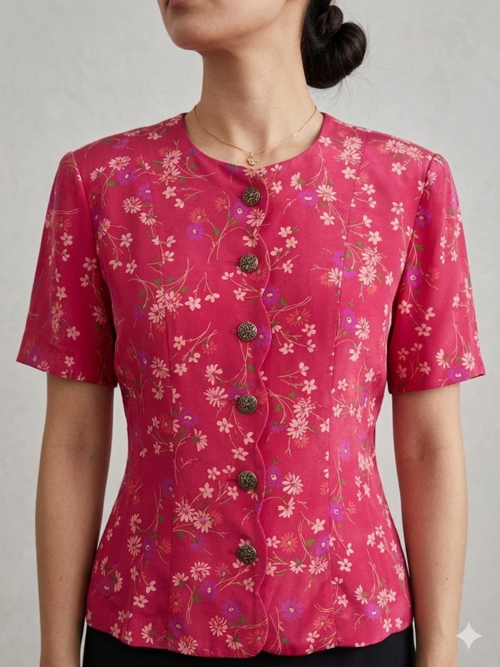 Vintage Leslie Fay Women's Fitted Floral Button-Front Dress Top in Pink